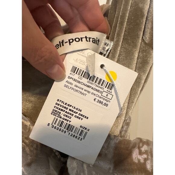 Self-Portrait NWT Champagne Velvet Devore Wrap Dress Size 2 Asymmetrical Hem - Picture 6 of 13